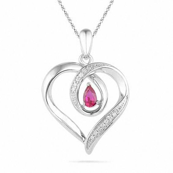 Pear-Shaped Lab-Created Ruby and Diamond Accent Heart Pendant in Sterling Silver