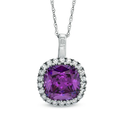 8.0mm Cushion-Cut Amethyst and Lab-Created White Sapphire Frame Pendant in 10K White Gold