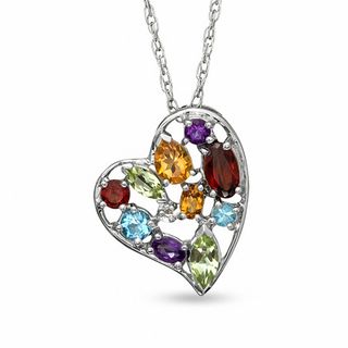 Multi-Gemstone and Diamond Accent Heart Pendant in Sterling Silver