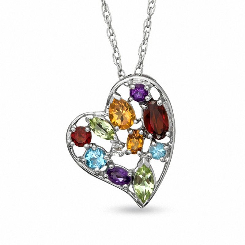 Multi-Gemstone and Diamond Accent Heart Pendant in Sterling Silver|Peoples Jewellers
