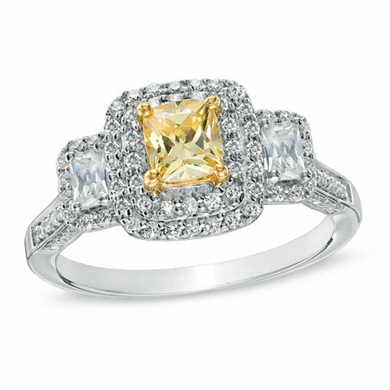 1.45 CT. T.W. Certified Yellow Diamond Three Stone Past Present Future Ring in 14K White Gold (P/SI2)|Peoples Jewellers