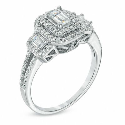 0.95 CT. T.W. Emerald-Cut Diamond Double Frame Past Present Future Ring in 14K White Gold