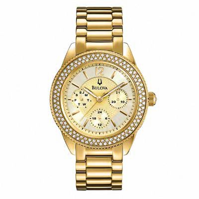 Ladies' Bulova Crystal Collection Chronograph Gold-Tone Watch with Champagne Dial (Model: 97N102)