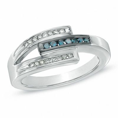 0.20 CT. T.W. Enhanced Blue and White Diamond Triple Row Ring in Sterling Silver