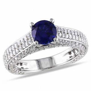 6.5mm Lab-Created Blue and White Sapphire Pavé Ring in Sterling Silver