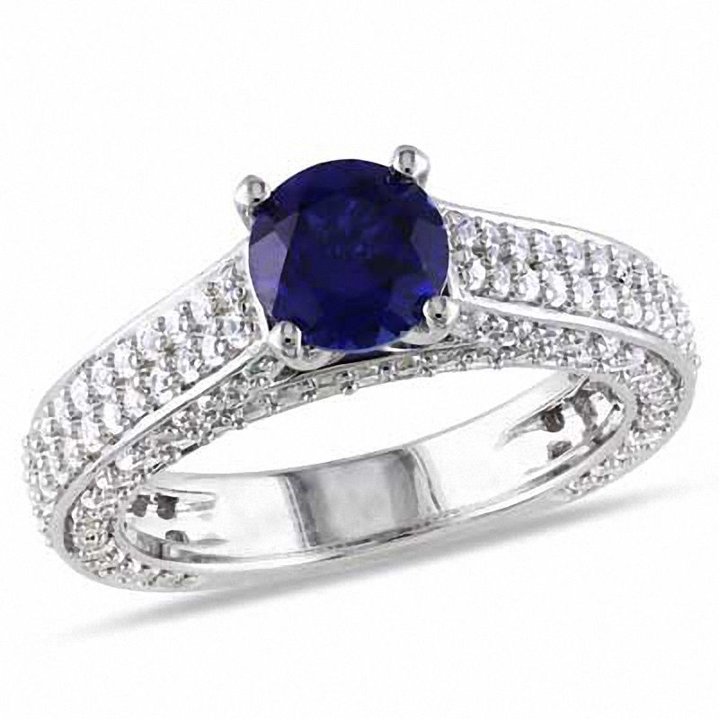 6.5mm Lab-Created Blue and White Sapphire Pavé Ring in Sterling Silver|Peoples Jewellers