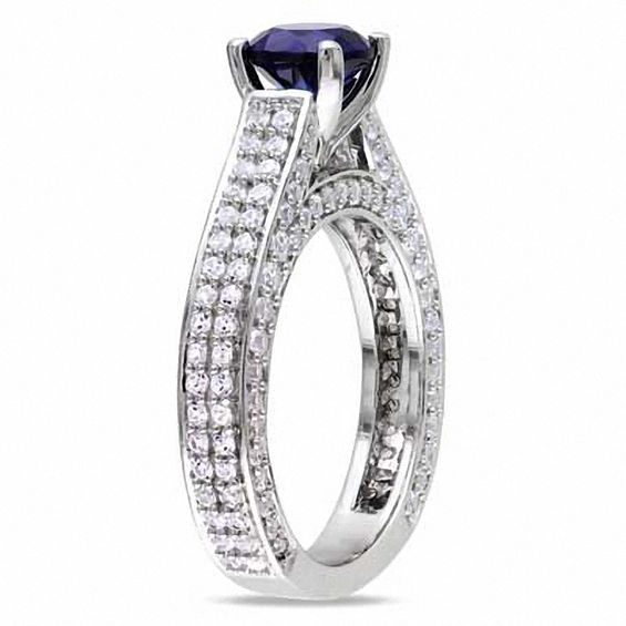 6.5mm Lab-Created Blue and White Sapphire Pavé Ring in Sterling Silver