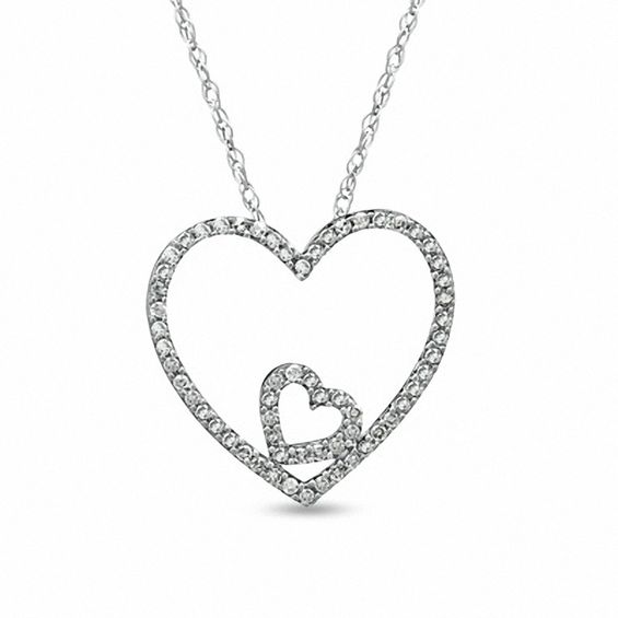 0.12 CT. T.W. Diamond Double Heart Pendant in 10K White Gold | Peoples ...