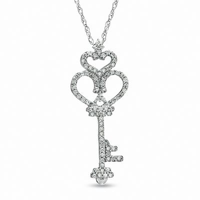 0.16 CT. T.W. Diamond Crowned Heart-Top Key Pendant in 10K White Gold