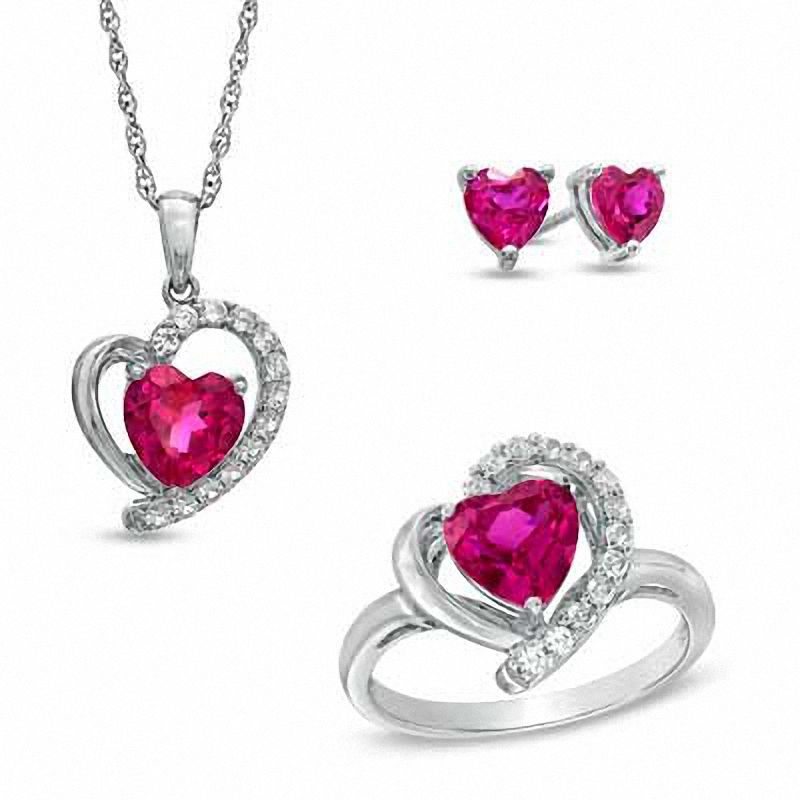 Heart-Shaped Lab-Created Ruby and White Sapphire Pendant, Ring and Earrings Set in Sterling Silver - Size 7|Peoples Jewellers