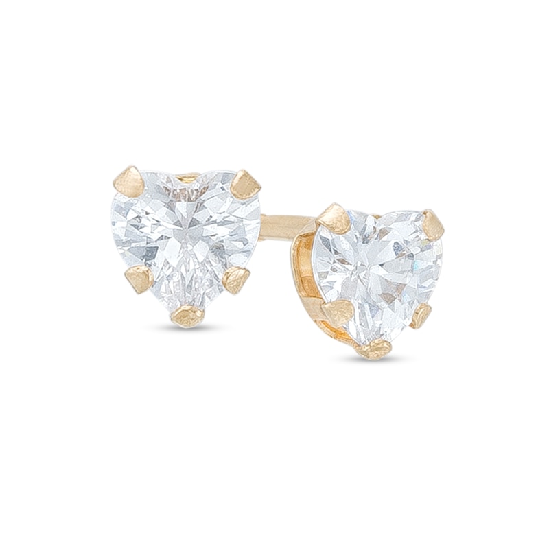 Child's 4.0mm Heart-Shaped Cubic Zirconia Solitaire Stud Earrings in 14K Gold|Peoples Jewellers