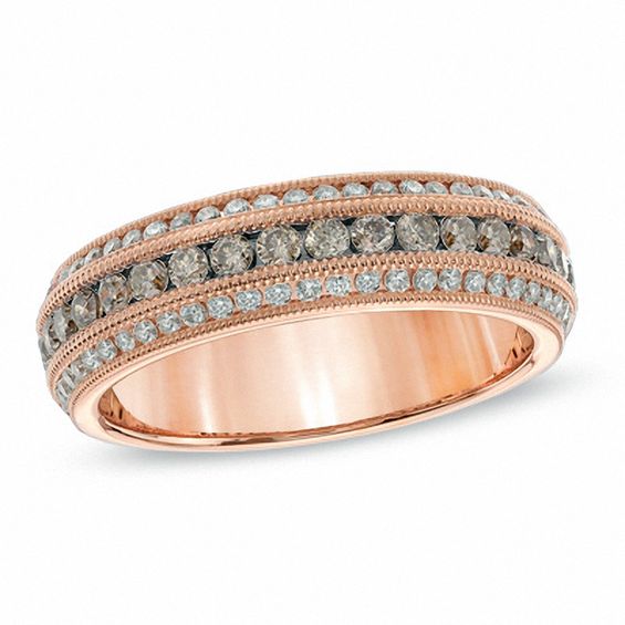 0.75 CT. T.W. Champagne and White Diamond Three Row Vintage-Style Anniversary Band in 14K Rose Gold