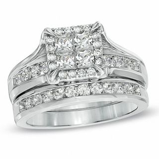 CT. T.W. Princess-Cut Quad Diamond Frame Bridal Set in 14K White Gold