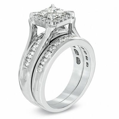 CT. T.W. Princess-Cut Quad Diamond Frame Bridal Set in 14K White Gold