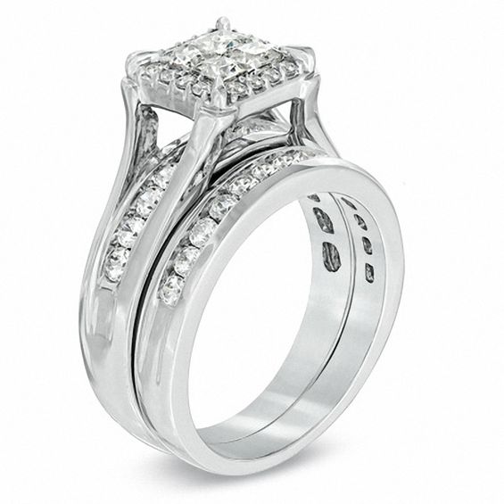 CT. T.W. Princess-Cut Quad Diamond Frame Bridal Set in 14K White Gold