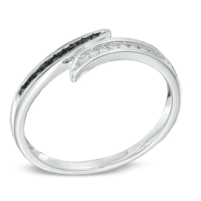 0.16 CT. T.W. Enhanced Black and White Diamond Channel-Set Bypass Ring in 10K White Gold