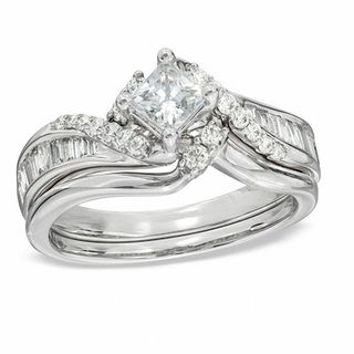 1.00 CT. T.W. Princess-Cut Diamond Bypass Bridal Set in 14K White Gold