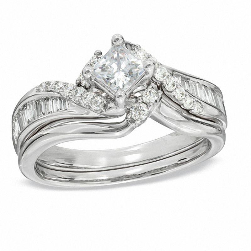 1.00 CT. T.W. Princess-Cut Diamond Bypass Bridal Set in 14K White Gold|Peoples Jewellers