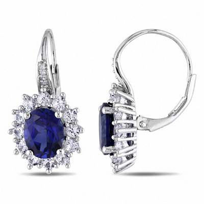 Oval Blue and White Lab-Created Sapphire with Diamond Accent Sunburst Frame Earrings in Sterling Silver