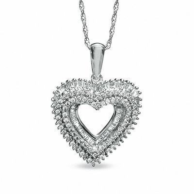 0.75 CT. T.W. Round and Baguette Diamond Heart Pendant in Sterling Silver