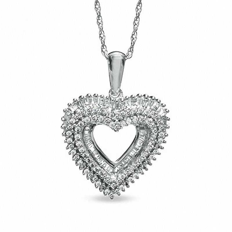 0.75 CT. T.W. Round and Baguette Diamond Heart Pendant in Sterling Silver|Peoples Jewellers
