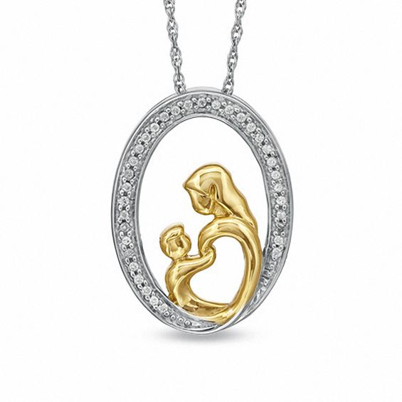 0.10 CT. T.W. Diamond Motherly Love Oval Pendant in Sterling Silver with 14K Gold Plate