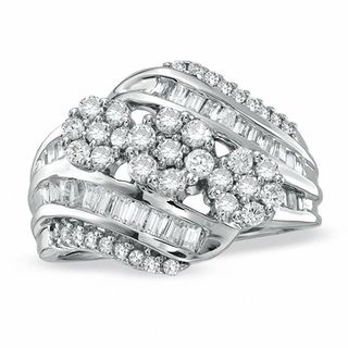 1.00 CT. T.W. Diamond Flower Cluster Swirl Band in 10K White Gold