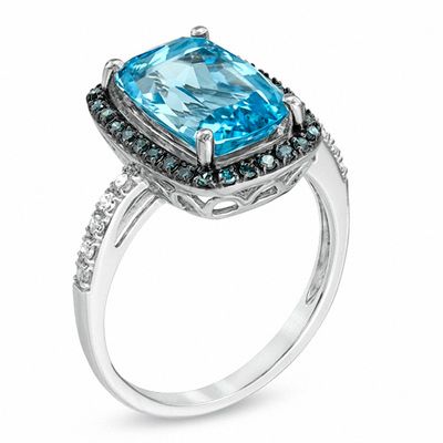 Cushion-Cut Swiss Blue Topaz and 0.24 CT. T.W. Enhanced Blue and White Diamond Ring in 10K White Gold