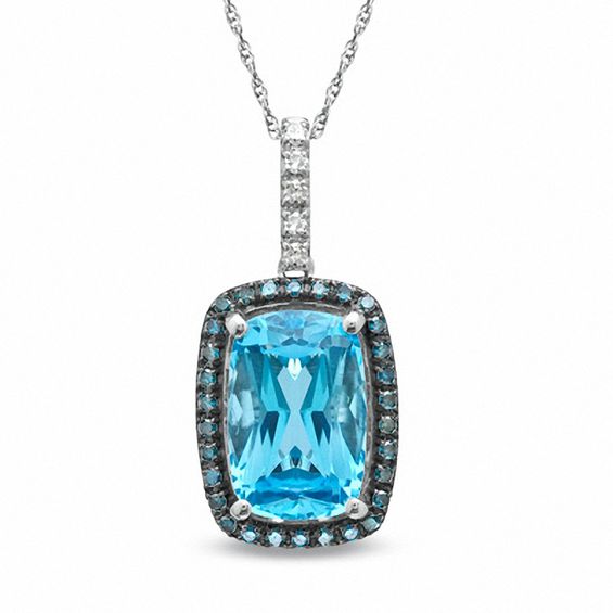 Cushion-Cut Swiss Blue Topaz and 0.19 CT. T.W. Enhanced Blue and White Diamond Pendant in 10K White Gold