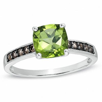 7.0mm Cushion-Cut Peridot and Smoky Quartz Frame Ring in 10K White Gold