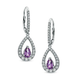 Pear-Shaped Amethyst and White Lab-Created Sapphire Earrings in Sterling Silver