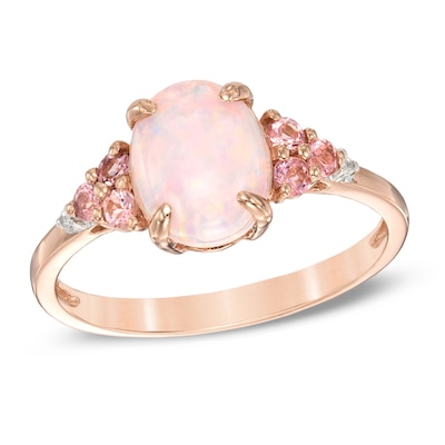 Lab-Created Opal, White Sapphire and Pink Tourmaline Ring in Sterling Silver with 14K Rose Gold Plate