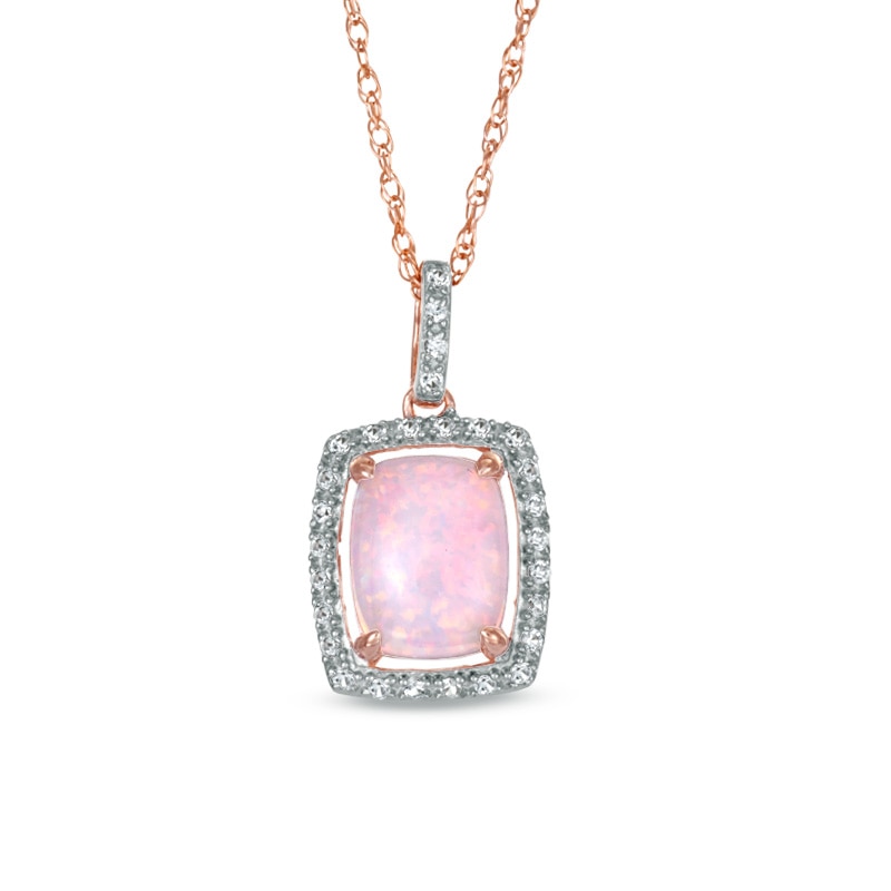 Cushion-Cut Lab-Created Pink Opal, and White Sapphire Pendant in Sterling Silver with 14K Rose Gold Plate|Peoples Jewellers