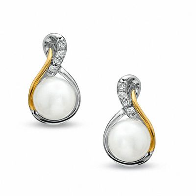 5.5-6.0mm Freshwater Cultured Pearl and Diamond Accent Earrings in Sterling Silver and 14K Gold Plate