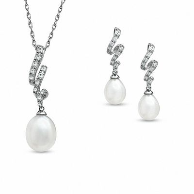 7.0-8.5 Freshwater Cultured Pearl and Lab-Created White Sapphire Pendant and Drop Earrings Set in Sterling Silver