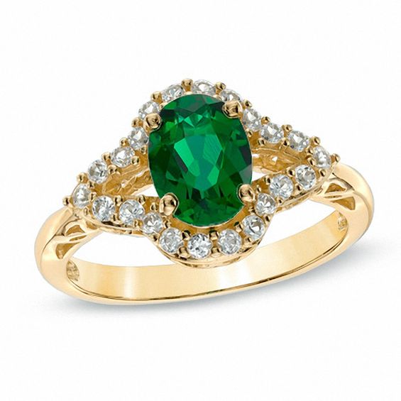 Oval Lab-Created Emerald and White Sapphire Ring in 10K Gold