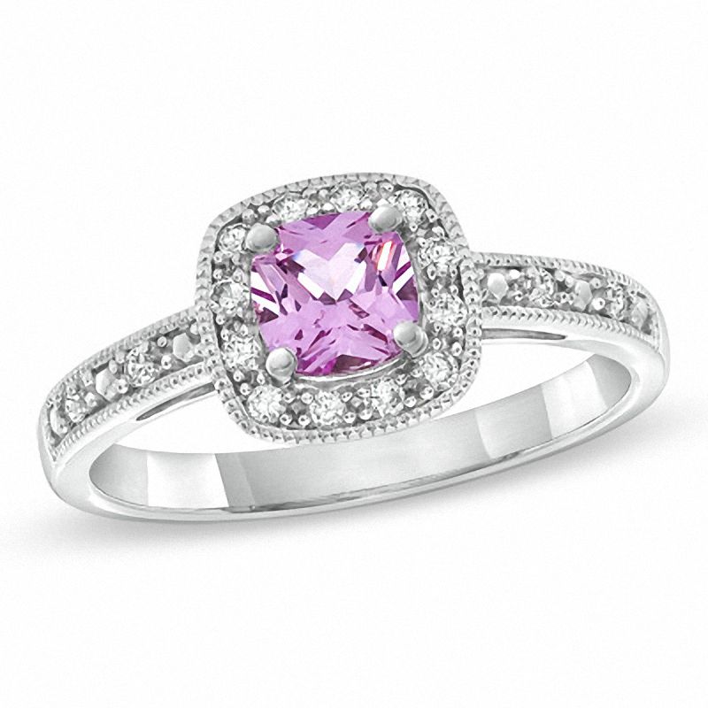 5.0mm Cushion-Cut Lab-Created Pink and White Sapphire Ring in 10K White Gold with Diamond Accents|Peoples Jewellers