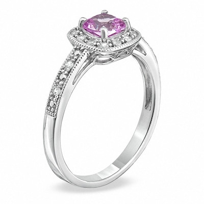 5.0mm Cushion-Cut Lab-Created Pink and White Sapphire Ring in 10K White Gold with Diamond Accents