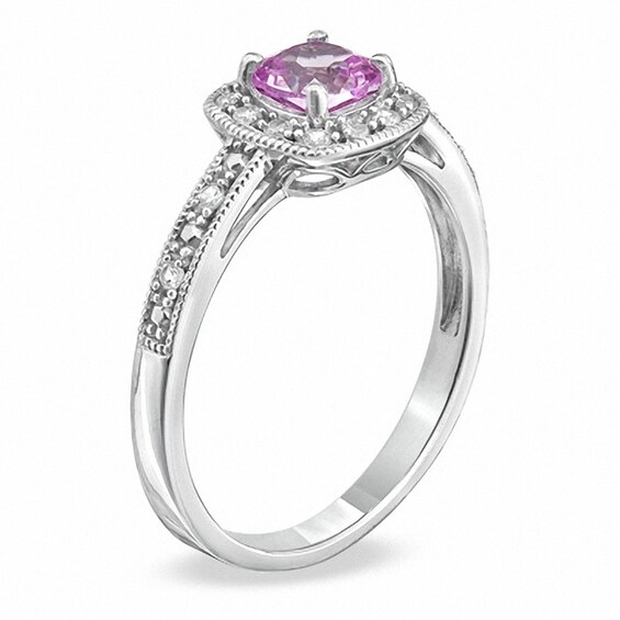 5.0mm Cushion-Cut Lab-Created Pink and White Sapphire Ring in 10K White Gold with Diamond Accents