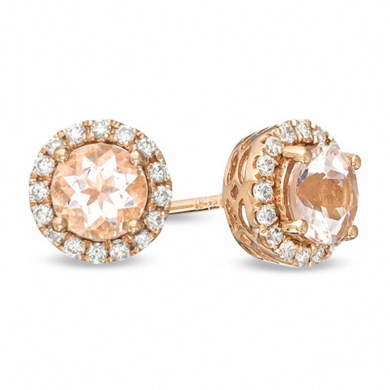 5.0mm Morganite and 0.17 CT. T.W. Diamond Frame Stud Earrings in 10K Rose Gold|Peoples Jewellers