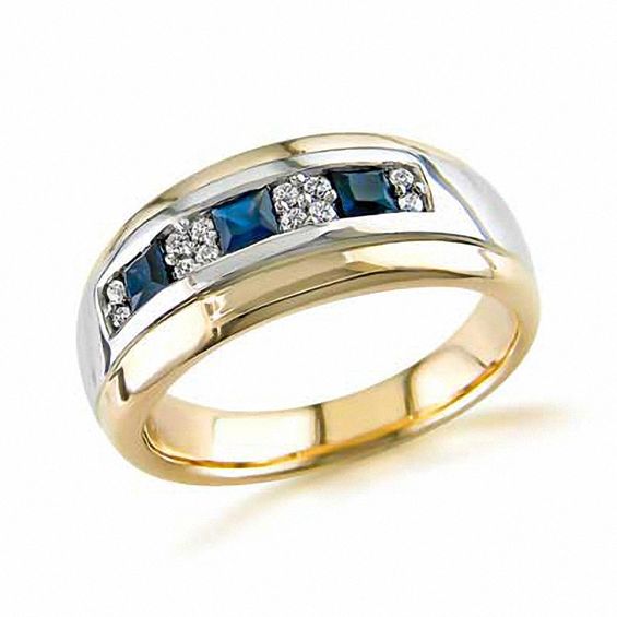 Men's Square-Cut Blue Sapphire and 0.15 CT. T.W. Diamond Ring in 14K