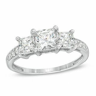 Princess-Cut White Lab-Created Sapphire Three Stone Ring in 10K White Gold