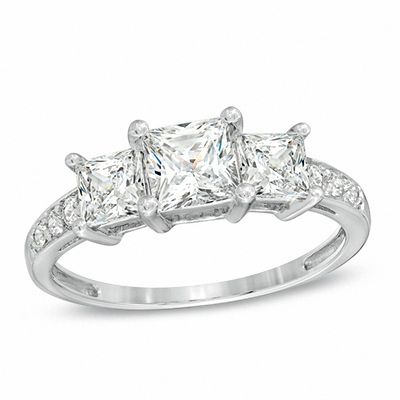 Princess-Cut White Lab-Created Sapphire Three Stone Ring in 10K White Gold