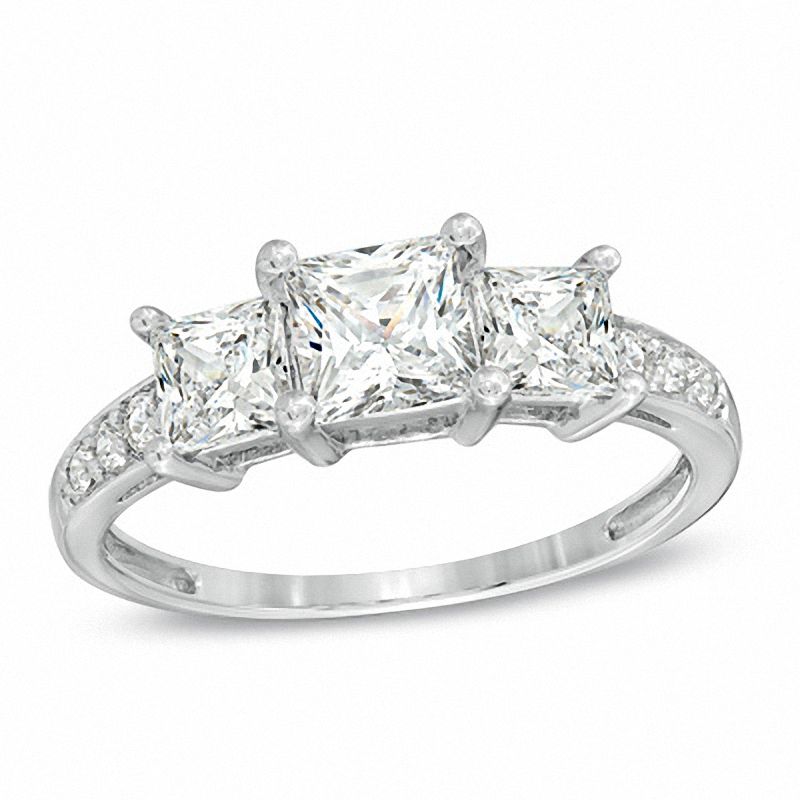 Princess-Cut White Lab-Created Sapphire Three Stone Ring in 10K White Gold|Peoples Jewellers