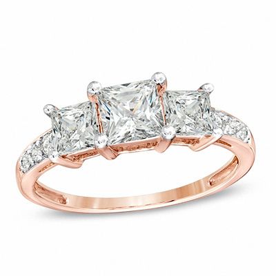 Princess-Cut White Lab-Created Sapphire Three Stone Ring in 10K Rose Gold