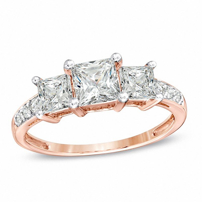 Princess-Cut White Lab-Created Sapphire Three Stone Ring in 10K Rose Gold|Peoples Jewellers