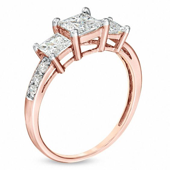 Princess-Cut White Lab-Created Sapphire Three Stone Ring in 10K Rose Gold