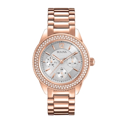 Ladies' Bulova Crystal Collection Rose-Tone Chronograph Watch with Silver-Tone Dial (Model: 97N101)