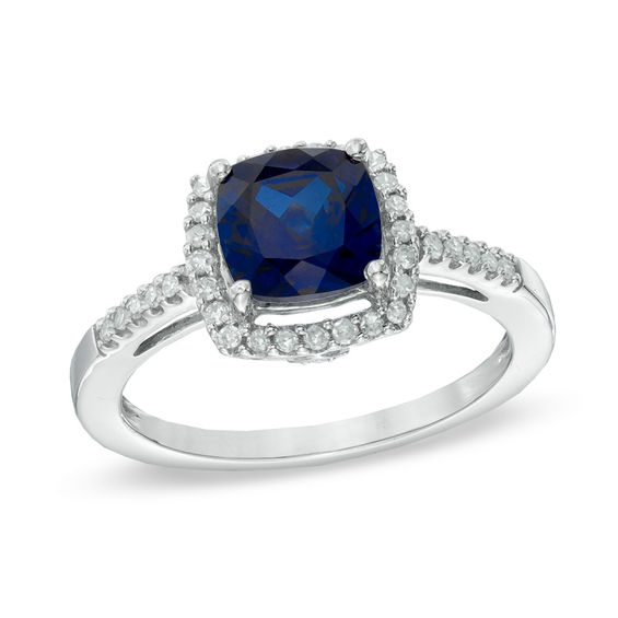 7.0mm Cushion-Cut Lab-Created Blue Sapphire and 0.15 CT. T.W. Diamond ...