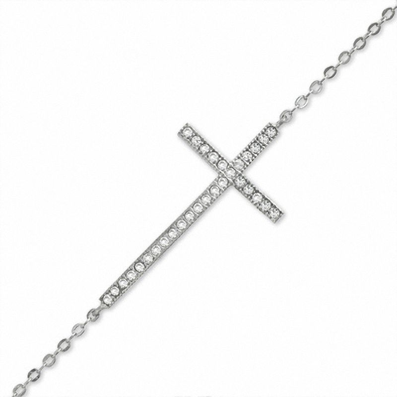 Lab-Created White Sapphire Sideways Cross Bracelet in Sterling Silver - 7.25"